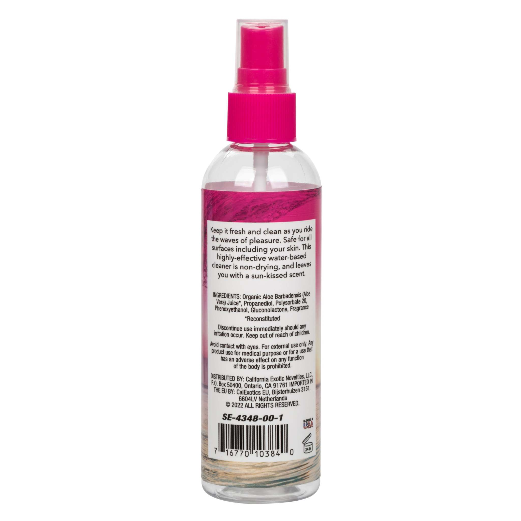 California Dreaming Tropical Scent body safe toy cleaner in 4 oz spray bottle with tropical fragrance and water-based formula