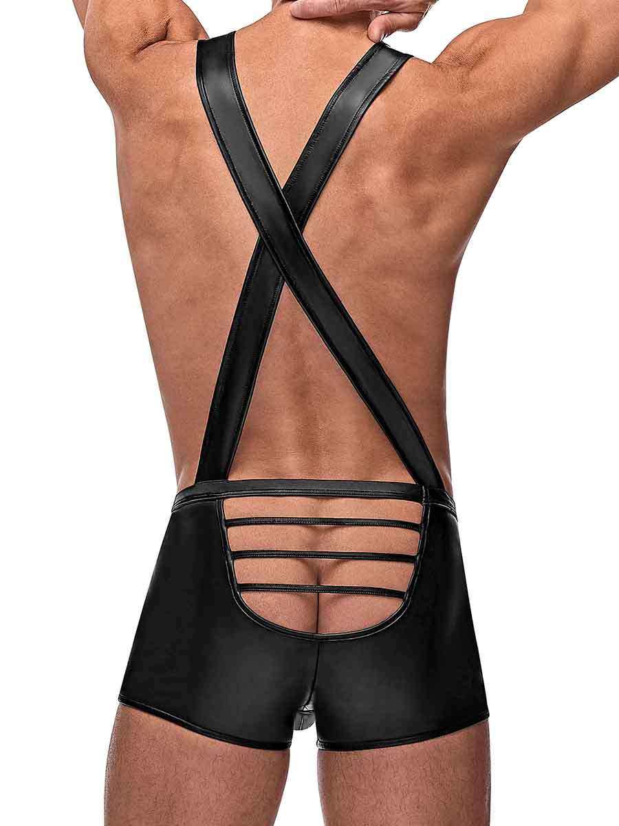 Black Cage Matte Cage Back Singlet with crisscross straps and strappy cutout back design on a male model