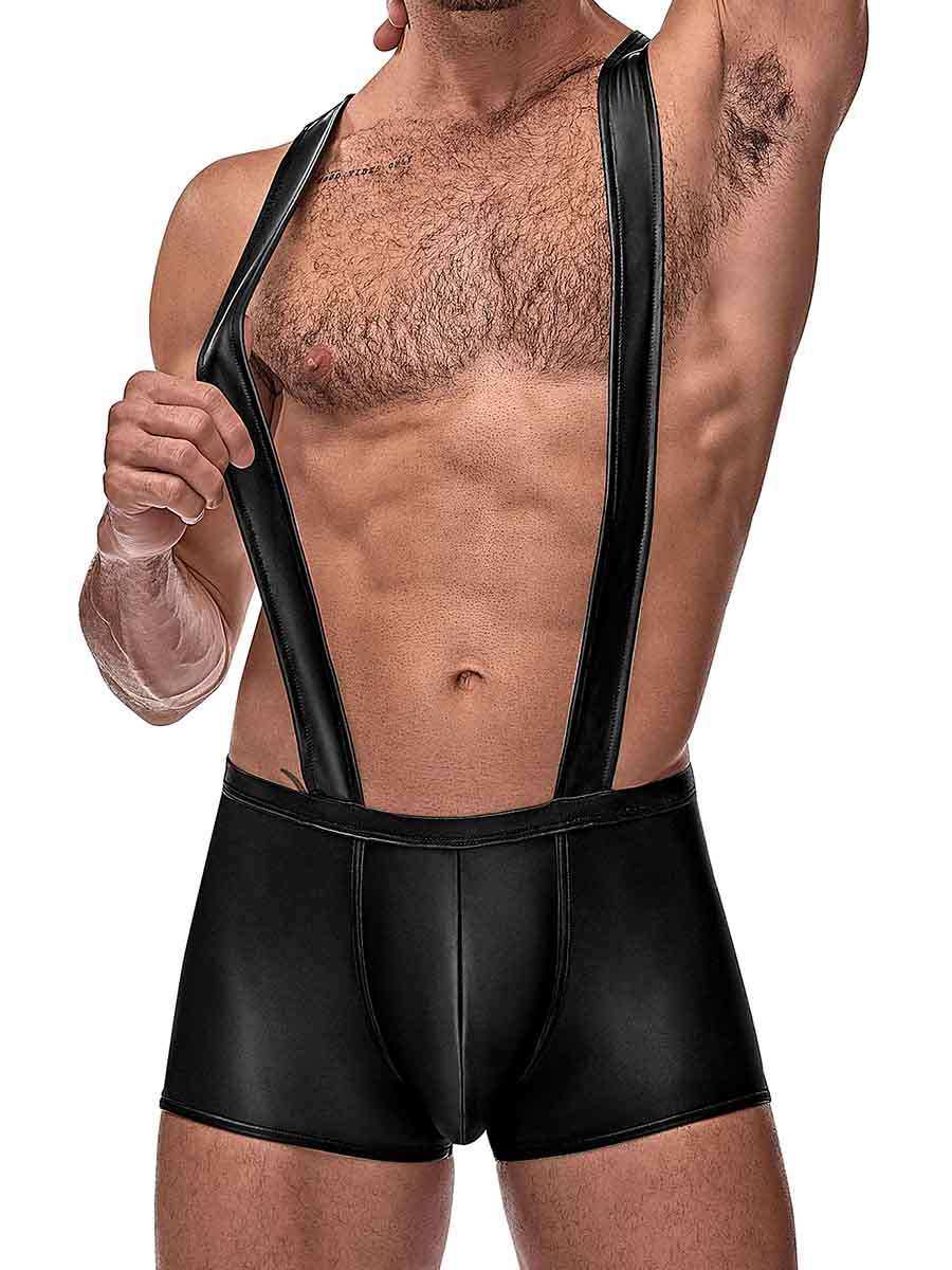 Black Cage Matte Cage Back Singlet with crisscross straps and wet-look finish on male model
