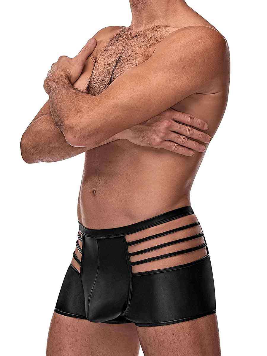 Black Cage Matte Cage Short with strappy side cutouts on male model