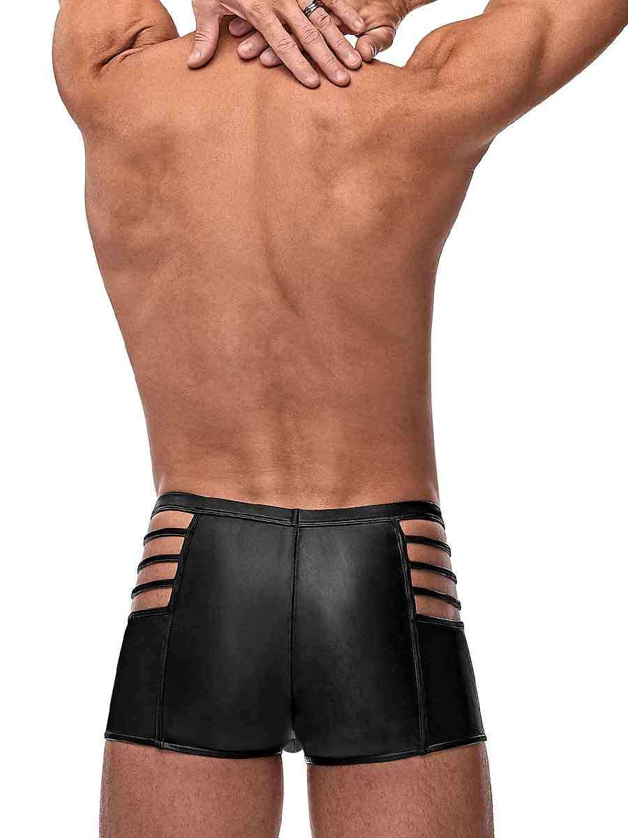 Black Cage Matte Cage Short with strappy side cutouts on male model back view