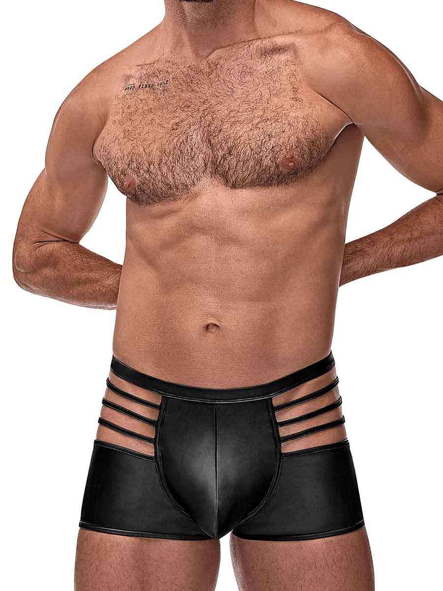 Men's black large Cage Matte Cage Short with strappy side cutouts and satin matte finish.