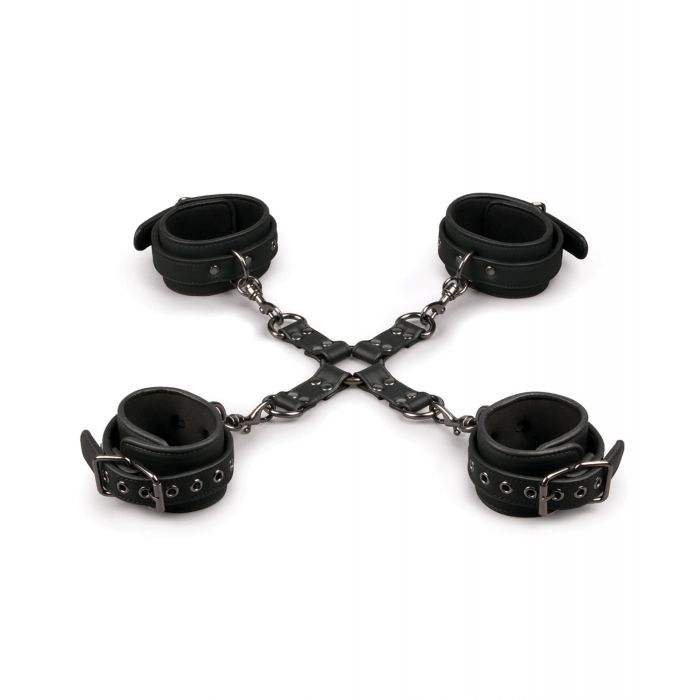 Easy Toys Hogtie black faux leather hand and ankle cuffs bondage restraint set with adjustable straps and metal clip fasteners