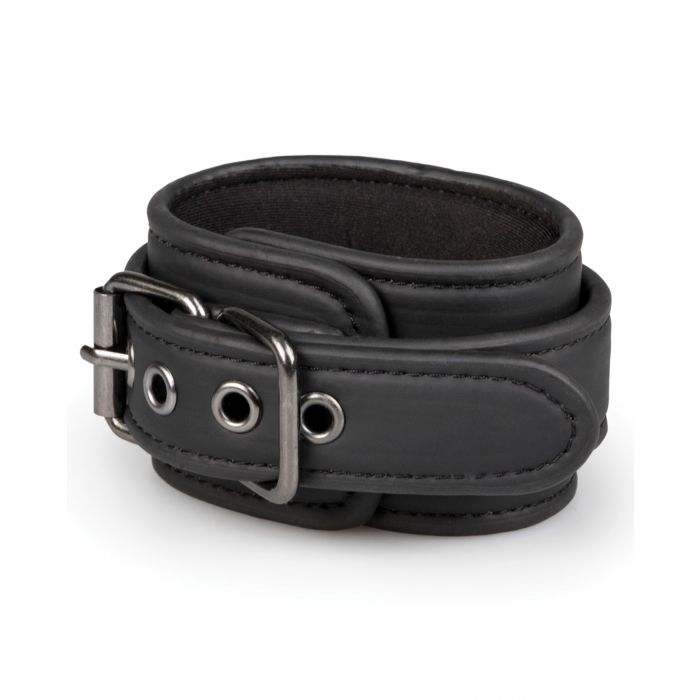 Black faux leather Easy Toys Hogtie hand and ankle cuff with adjustable buckle and soft foam lining for comfortable bondage restraint.