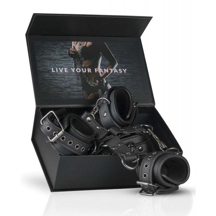 Easy Toys Hogtie black faux leather hand and ankle cuffs bondage set in open box
