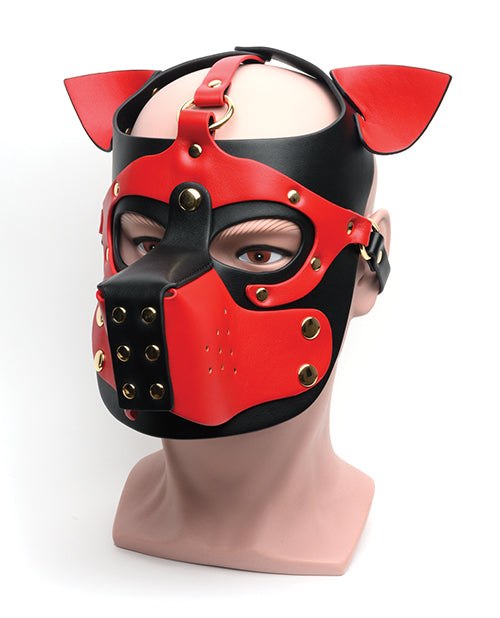 665 Bondage Pup Hood in black and red polyurethane with alloy hardware for puppy play fetish.