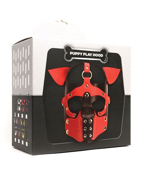 665 Bondage Pup Hood in black and red with alloy hardware for puppy play fetish scene in retail packaging