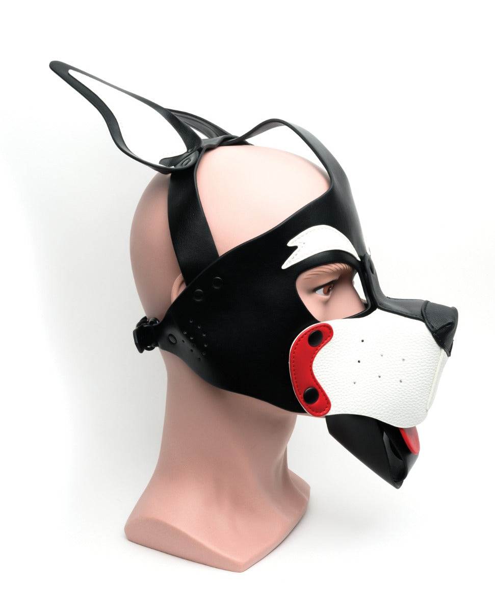 665 Playful Pup Hood in black, white, and red PU material with adjustable straps and alloy hardware on mannequin head