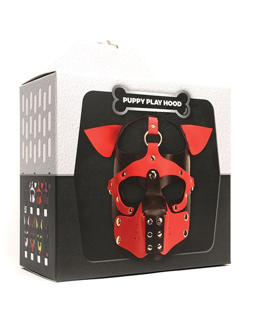 665 Playful Pup Hood in black, white, and red PU material with premium alloy hardware displayed in packaging