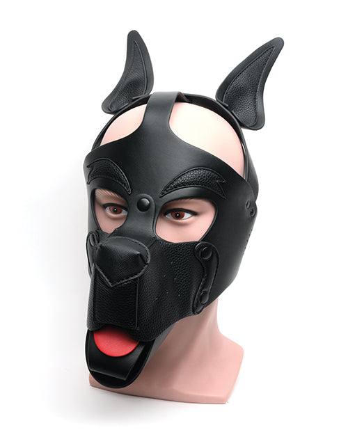Black 665 Playful Pup Hood made of supple PU with alloy hardware, featuring adjustable fit and playful dog design.