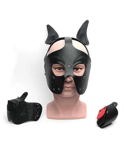 665 Playful Pup Hood in black PU material with adjustable fit and alloy hardware displayed on a mannequin head with matching muzzle accessories.