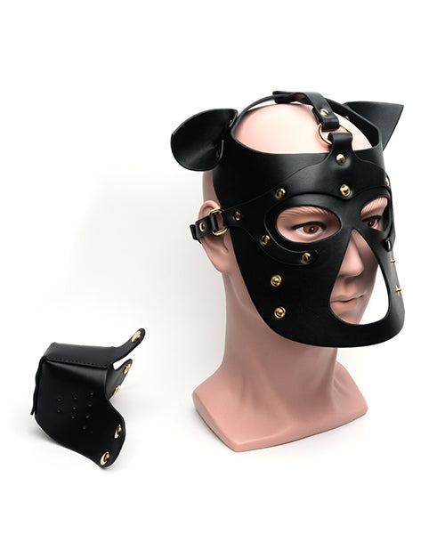 665 Bondage Pup Hood in black PU material with adjustable straps and alloy hardware for puppy play fetish.