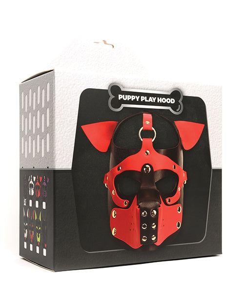 665 Bondage Pup Hood in black PU material with red accents, packaged in black box labeled Puppy Play Hood.