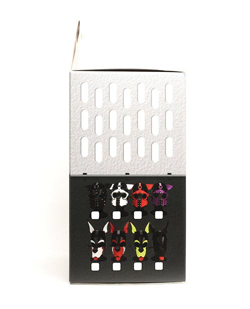 665 Bondage Pup Hood packaging displaying multiple colored pup hood designs in black box with white perforated top