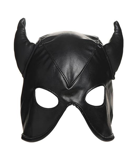 Black PU leather Master Series Dungeon Demon Hood with horns and eye openings, vegan-friendly bondage accessory