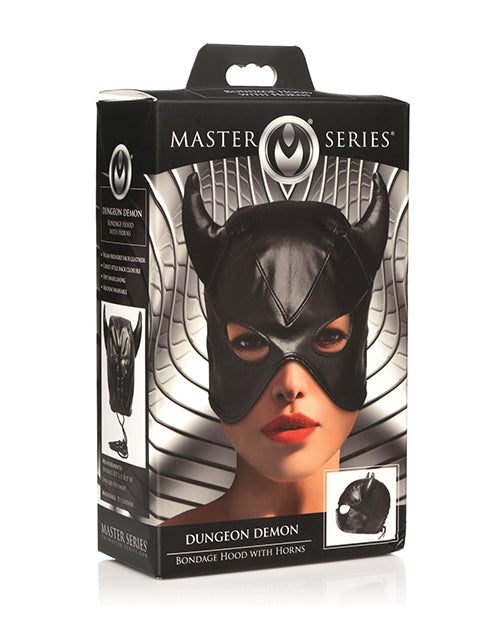 Master Series Dungeon Demon Hood black faux leather bondage hood with horns and eye-mouth openings in packaging