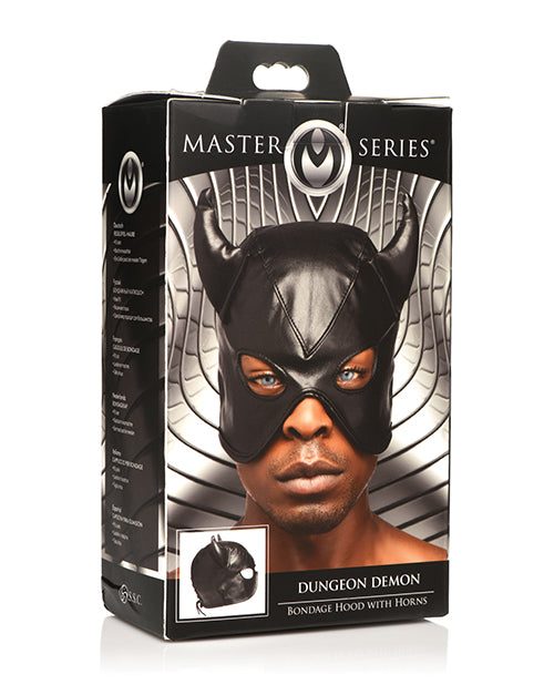 Master Series Dungeon Demon Hood black faux leather bondage hood with horns on man with blue eyes packaging