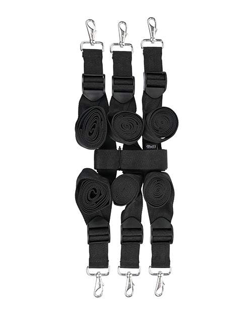 Edge Extreme Under the Bed Restraint System in black with adjustable straps and metal clips for secure bondage play.