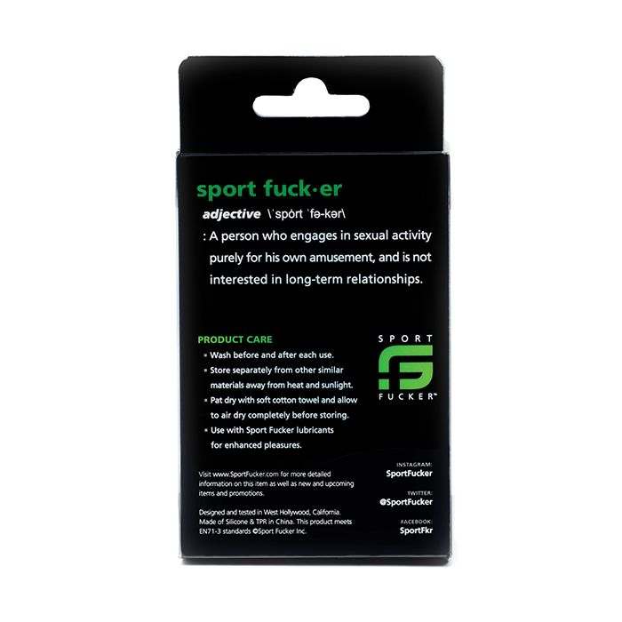 Sport Fucker Cum Stopper metal packaging with product care instructions and brand logo on black background.