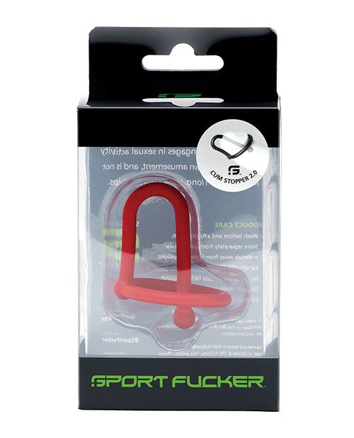 Sport Fucker Cum Stopper 2.0 red silicone cock toy with stretchy glans ring in retail packaging