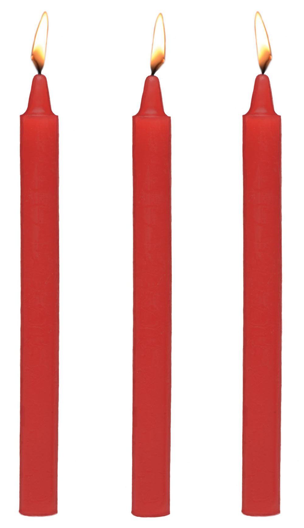 Three lit red Fetish Drip Candles in a 3-pack for sensation play and intimate experiences.