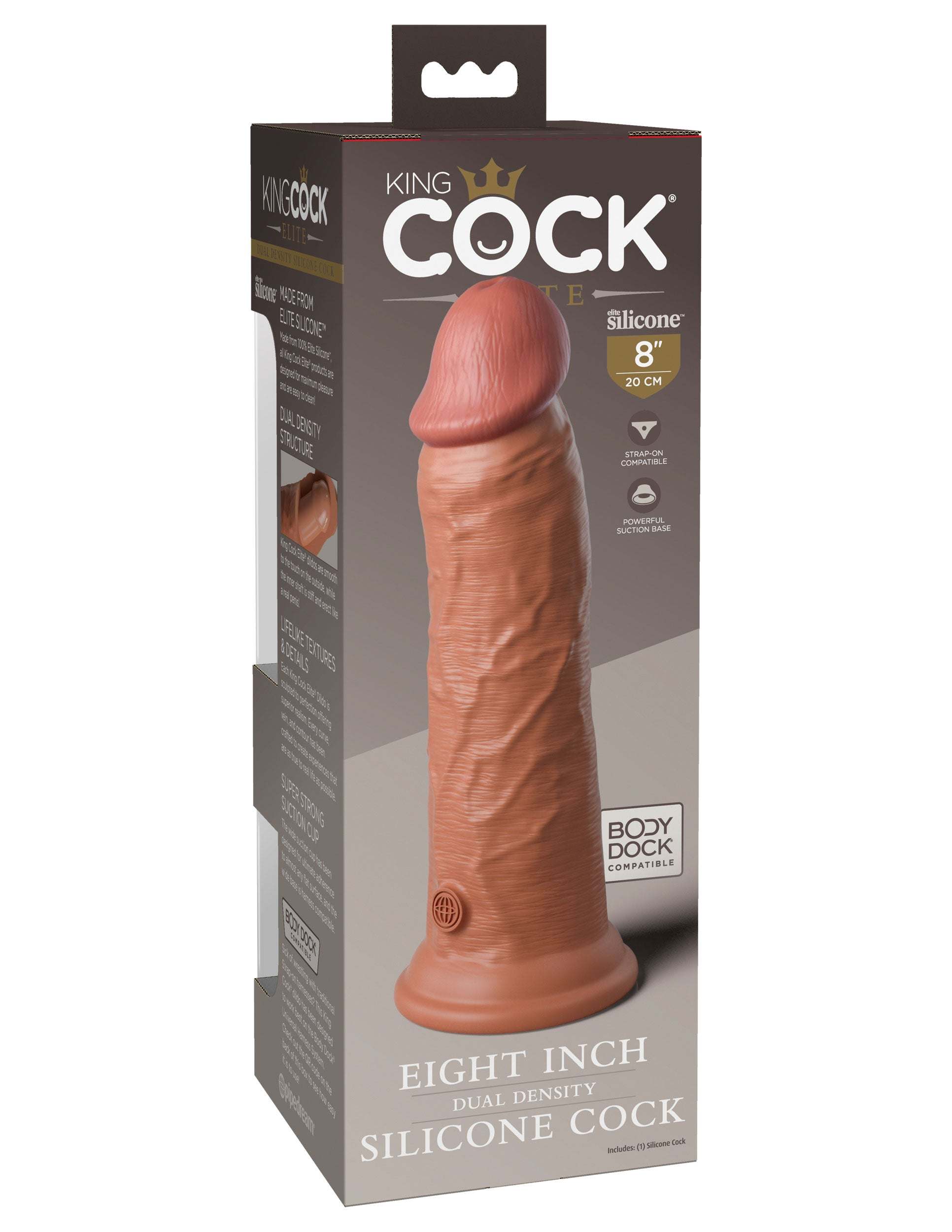 King Cock Elite 8 inch tan silicone dual density dildo with suction cup base in packaging
