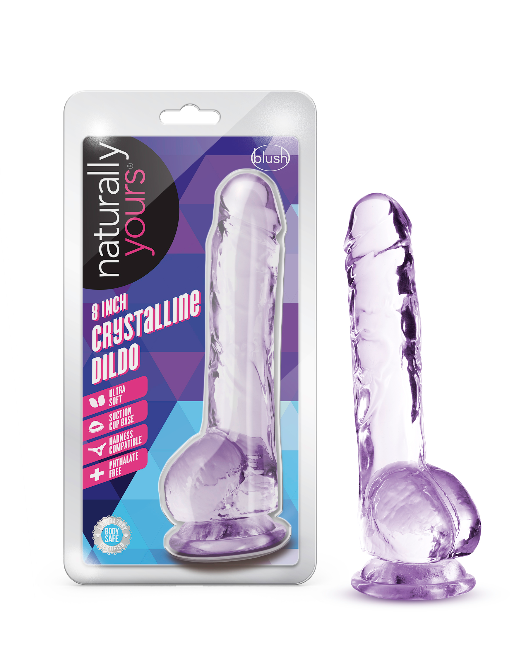 Naturally Yours 8 Inch Crystalline Dildo in amethyst with suction cup base and life-like design