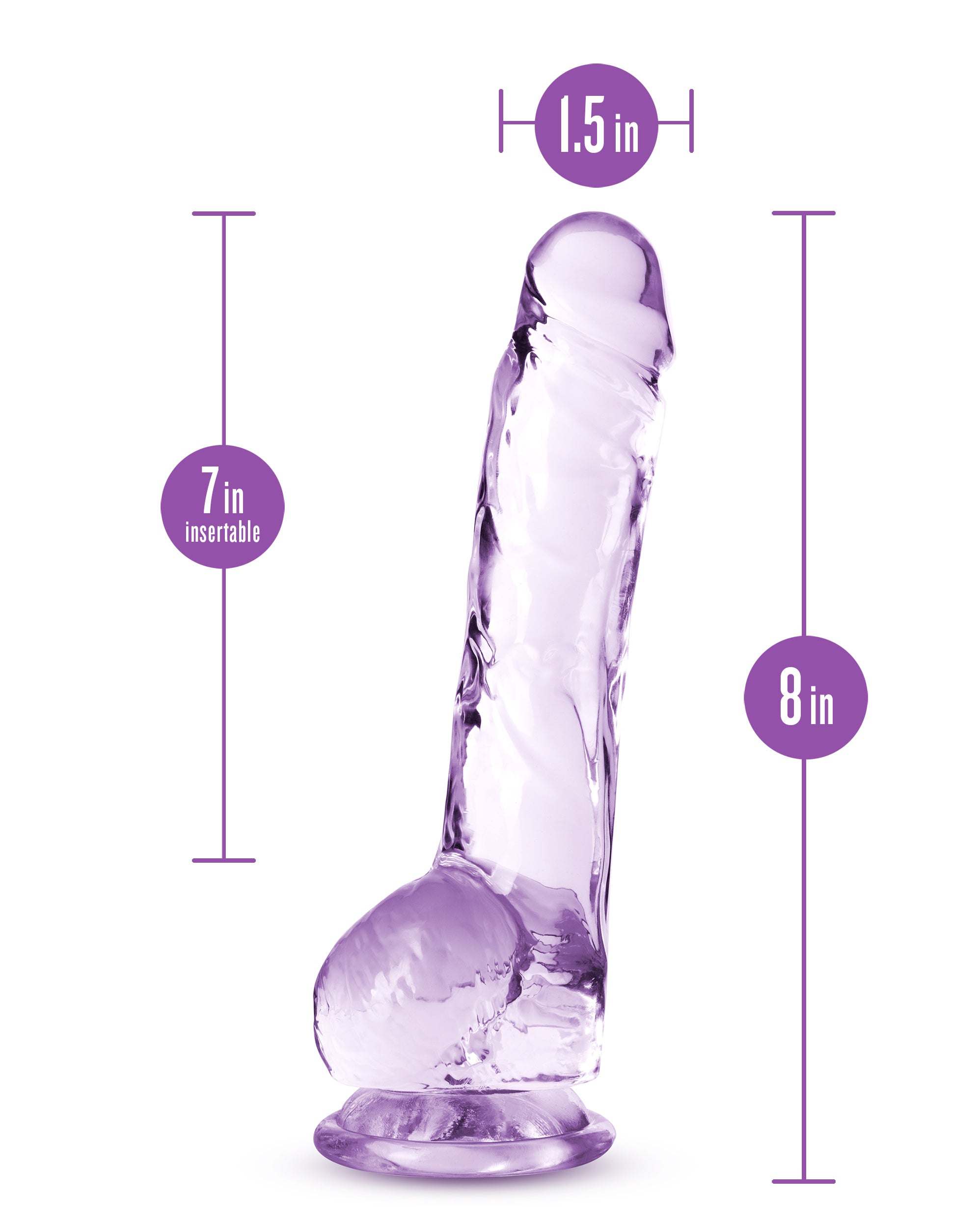 Naturally Yours 8 inch crystalline dildo in amethyst with suction cup base, 1.5 inch width and realistic design.