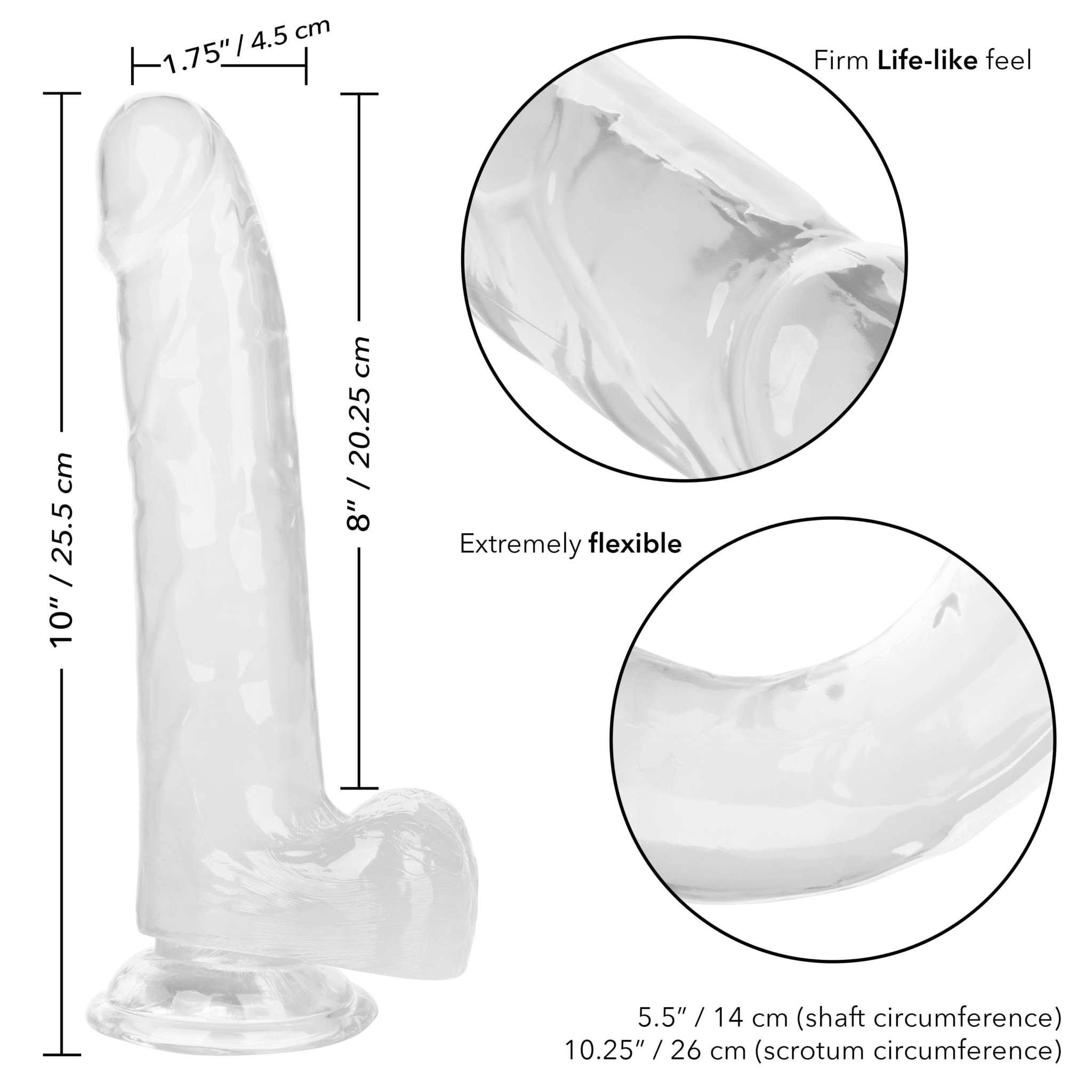 Clear Size Queen 8 inch realistic textured dildo with flexible shaft and suction cup base, 8 inches long and 5.5 inches circumference.