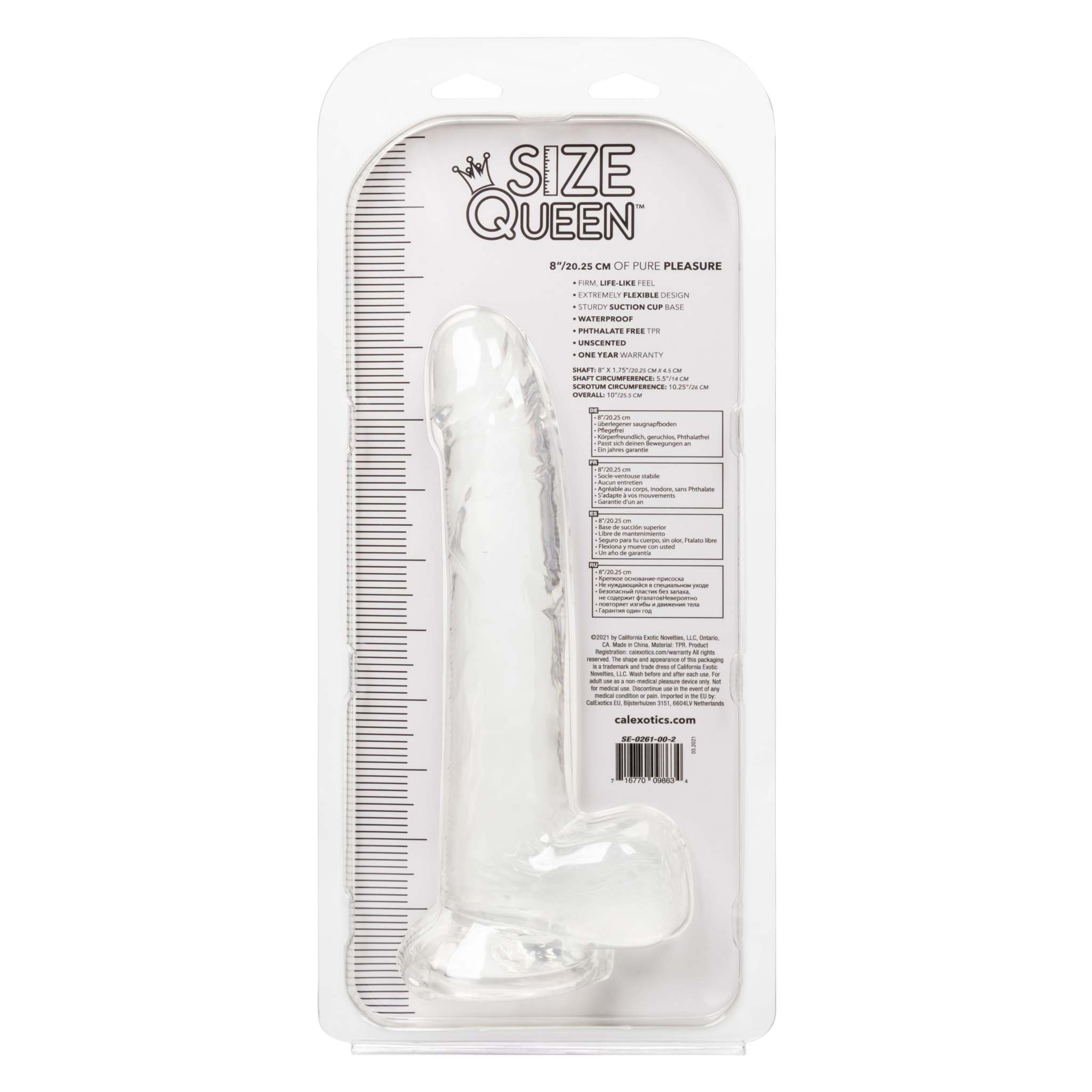 Size Queen 8 inch clear realistic dildo with suction cup base in packaging