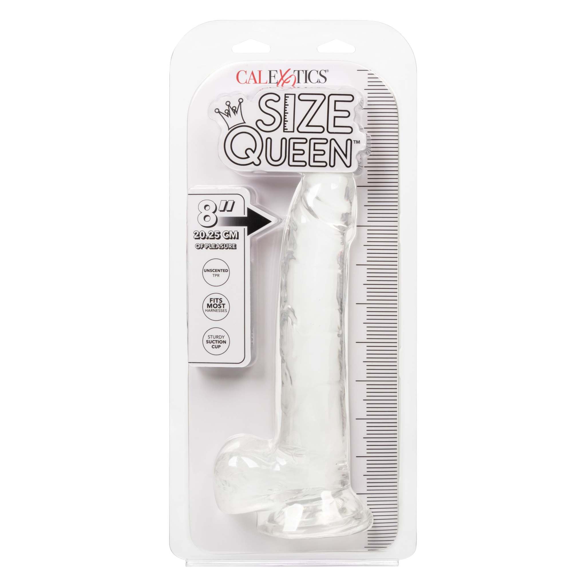 Clear 8 inch Size Queen realistic dildo with suction cup base in packaging