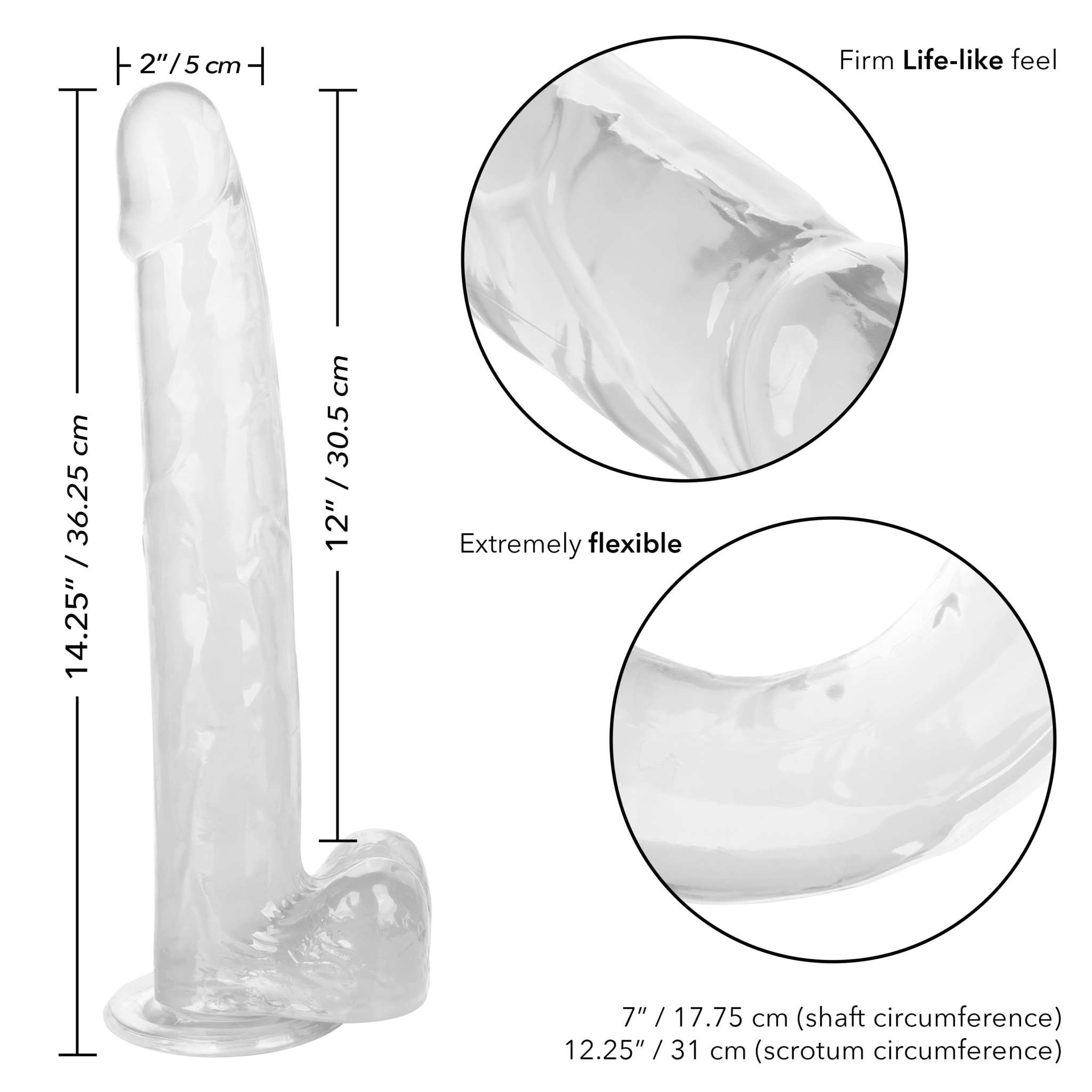 Clear Size Queen 12 inch realistic textured dildo with suction cup base and flexible shaft
