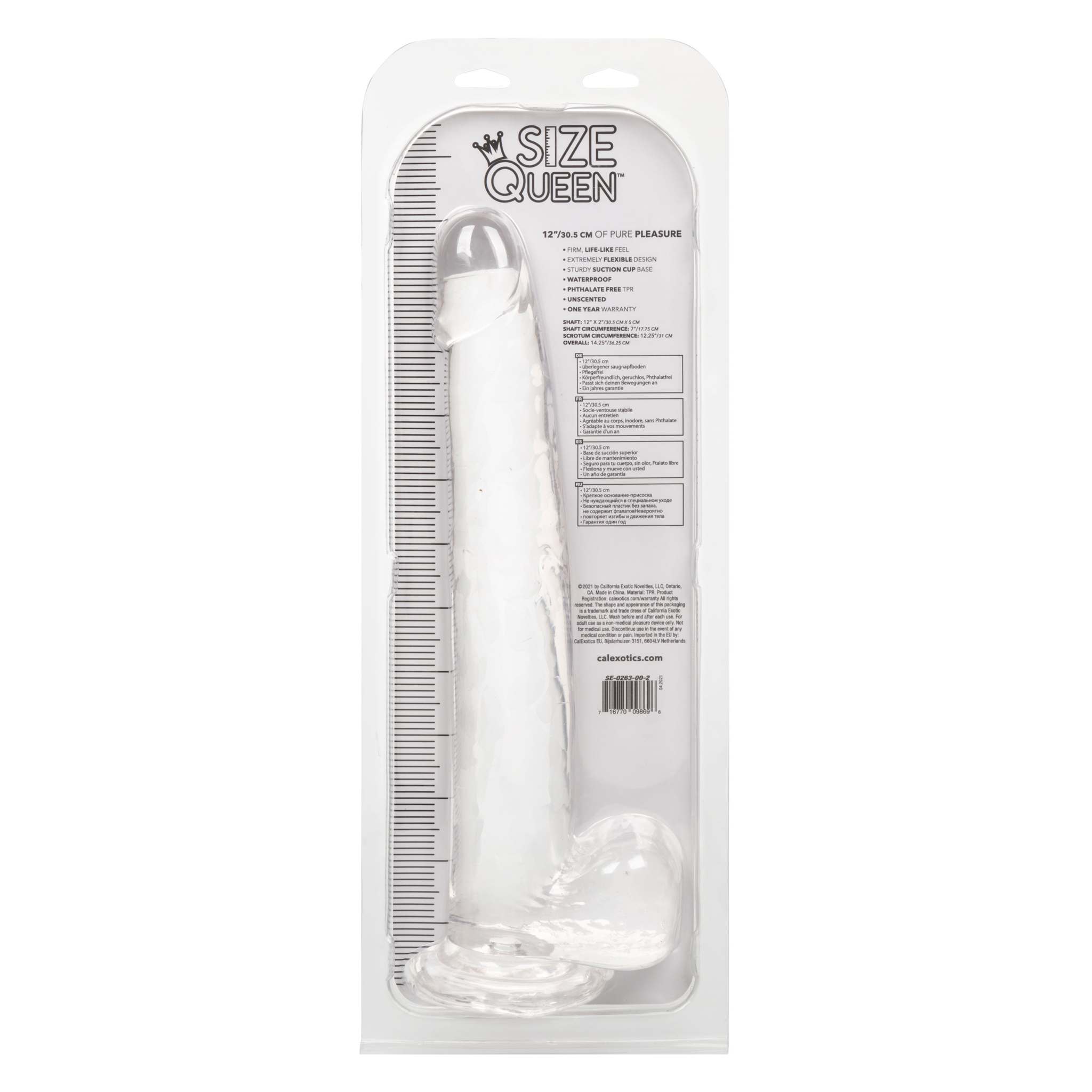 Size Queen 12 inch clear realistic dildo with suction cup base in packaging