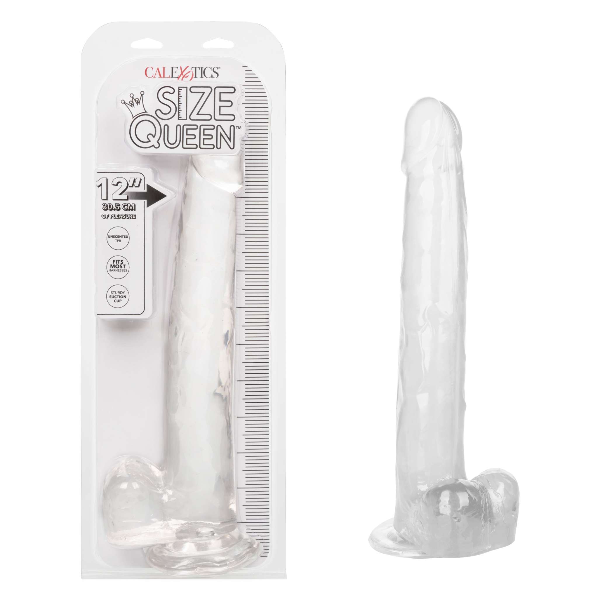 Clear Size Queen 12 inch realistic dildo with suction cup base, detailed veins, and waterproof flexible design in packaging and standalone view.