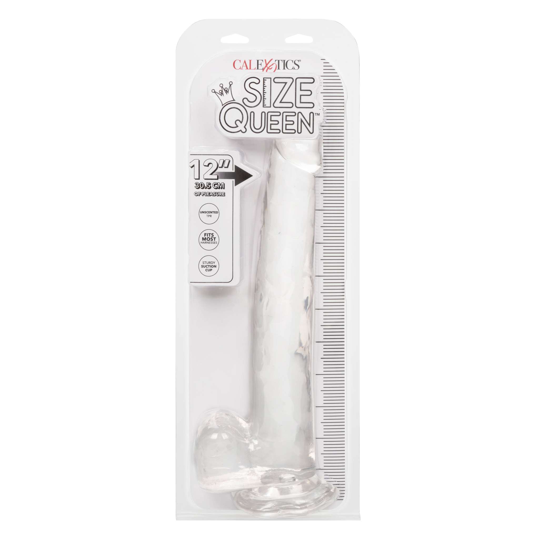 Size Queen 12 inch clear realistic dildo with suction cup base in packaging