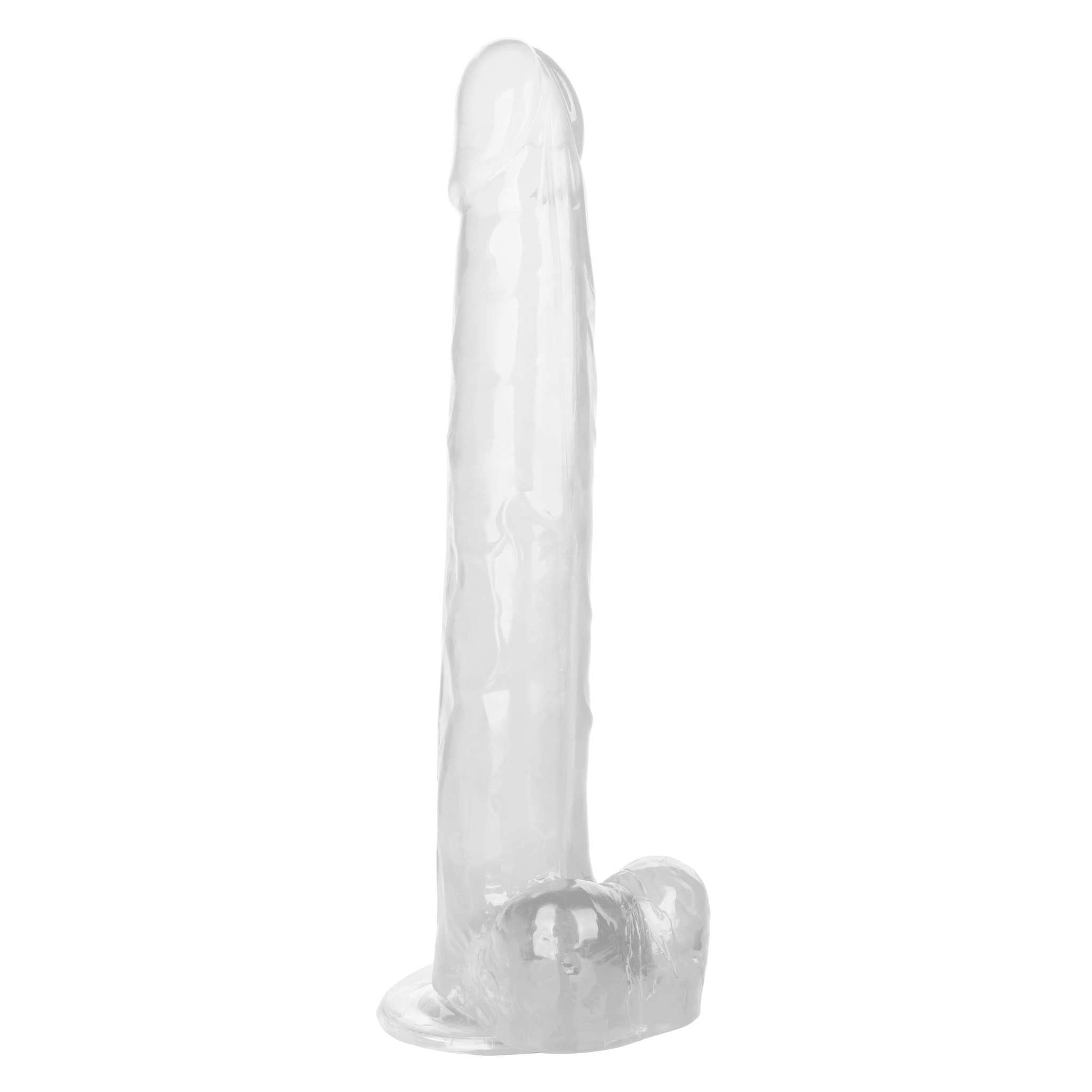 Clear Size Queen 12 inch realistic dildo with suction cup base and detailed veins
