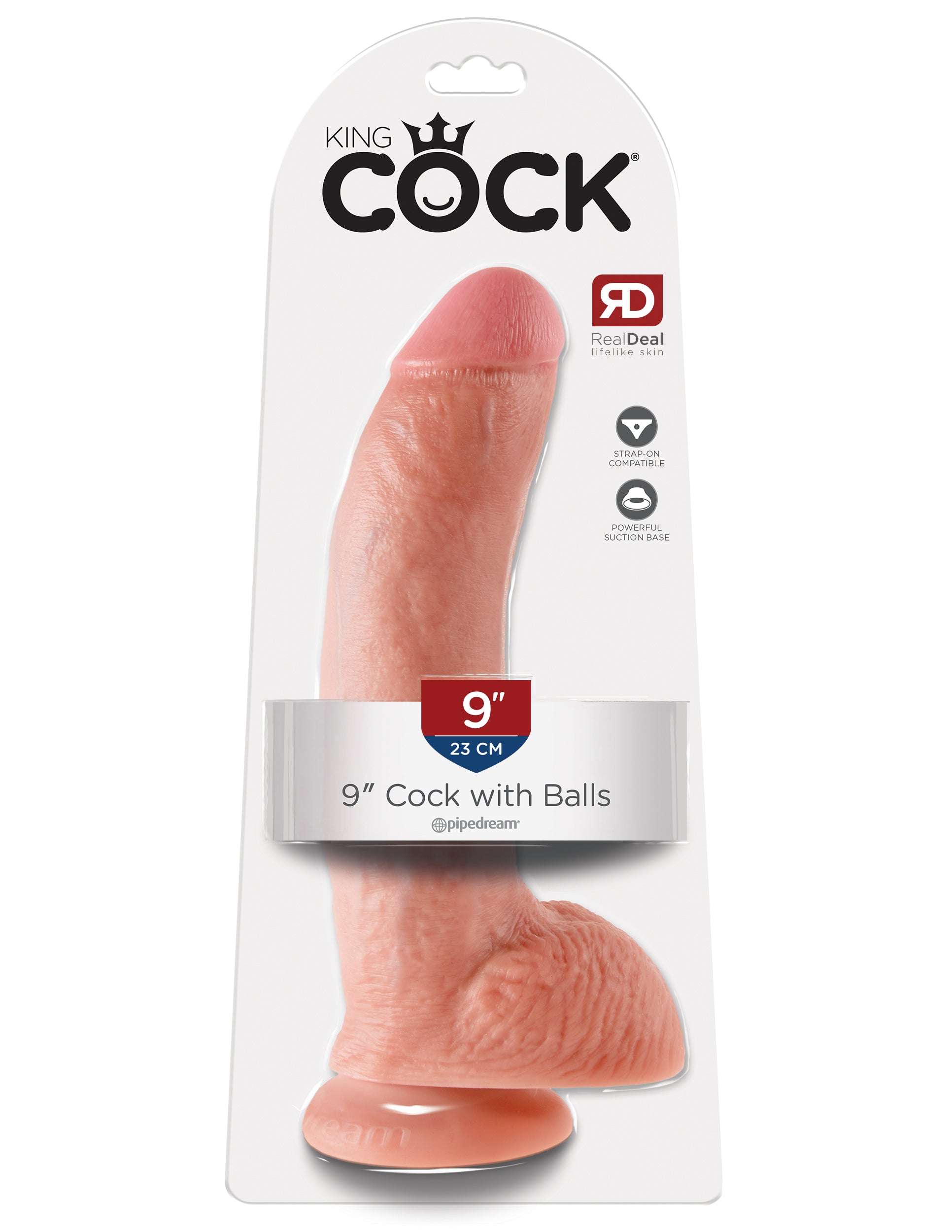King Cock 9-inch realistic flesh-tone dildo with veins, defined shaft, balls, and suction cup base in packaging