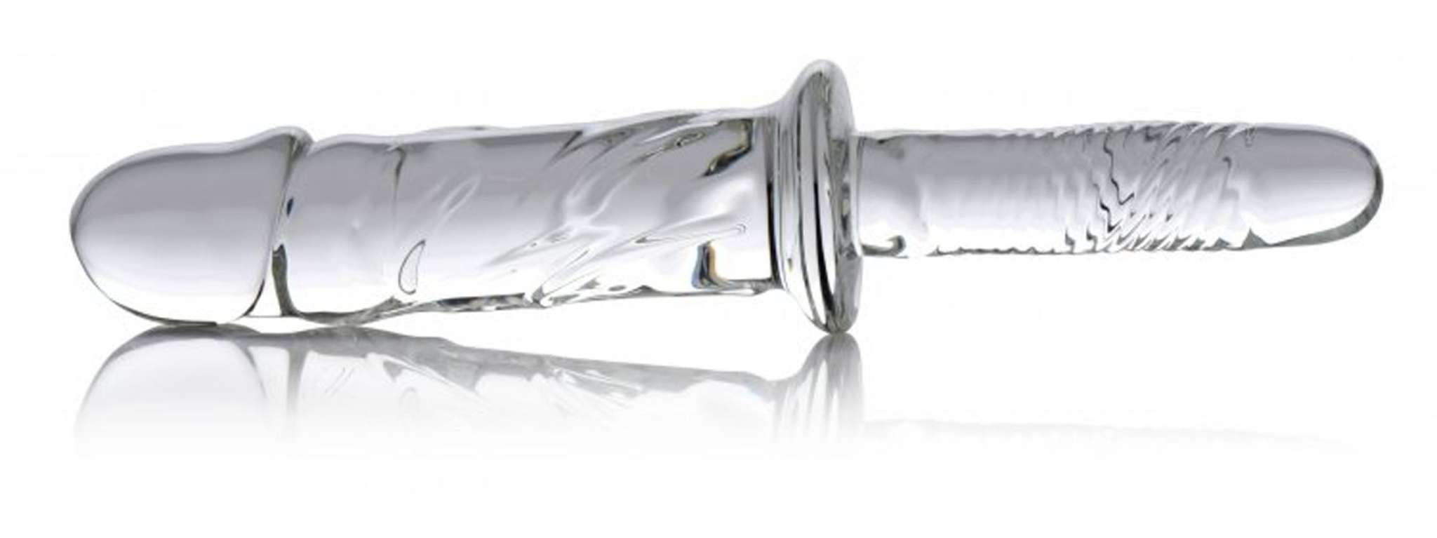 Clear textured Brutus Glass Dildo Thruster with grooved handle and shatter-resistant design for secure grip and unique internal massage.