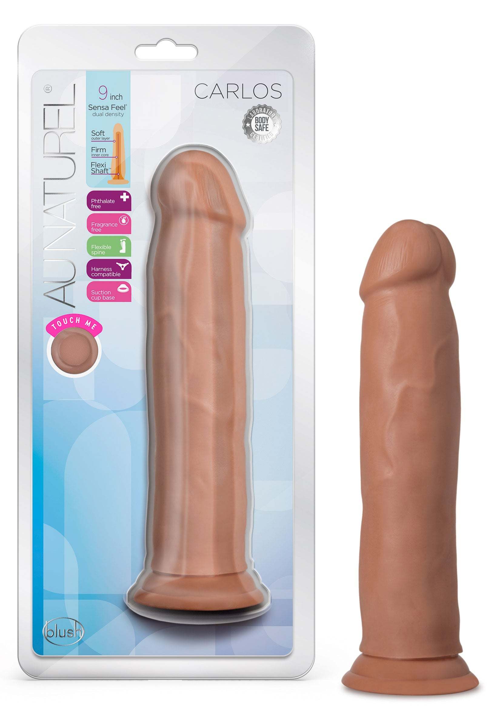 Au Naturel - Carlos 9 inch realistic dildo in mocha color with suction cup base and lifelike texture