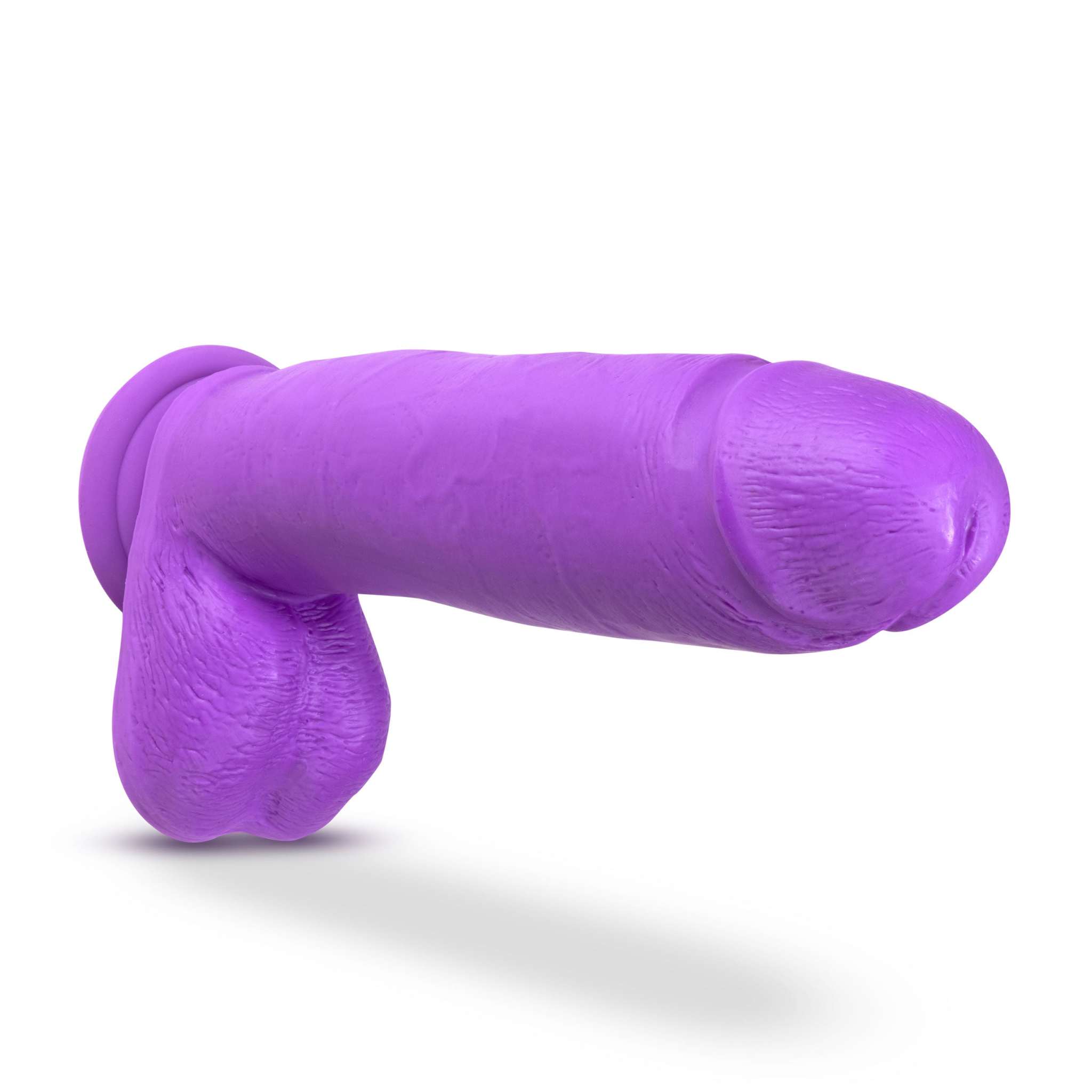 Neo Elite 10 inch dual density silicone dildo with balls in neon purple and suction cup base