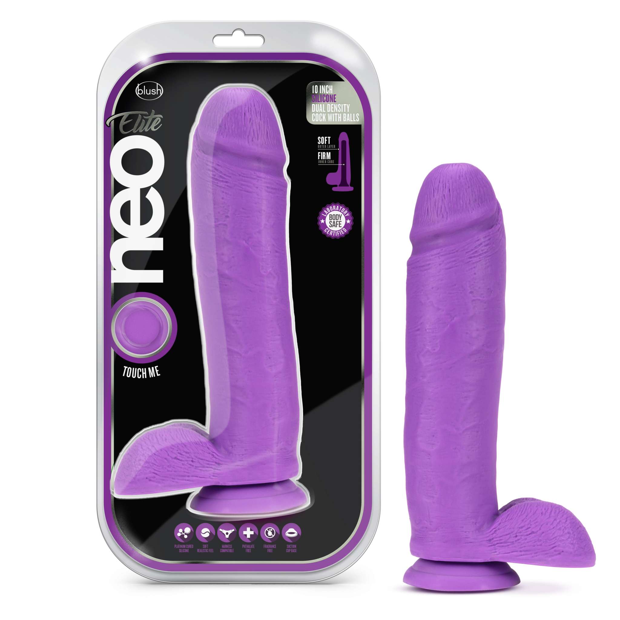 Neo Elite 10 inch neon purple silicone dual density dildo with suction cup base and balls.