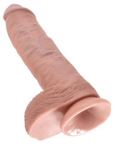 King Cock 10-inch flesh-colored realistic dildo with veins, balls, and suction cup base.