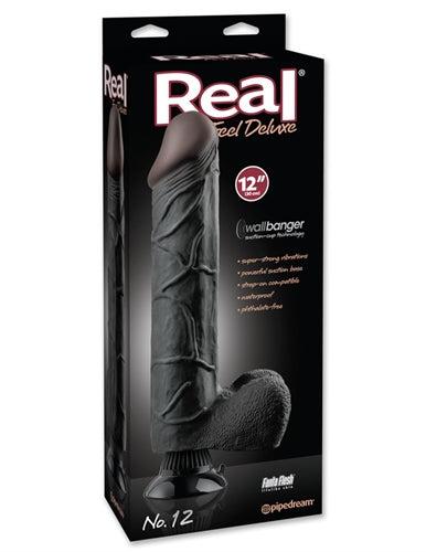 Real Feel Deluxe 12-inch black lifelike dildo with suction cup base and phthalate-free soft material
