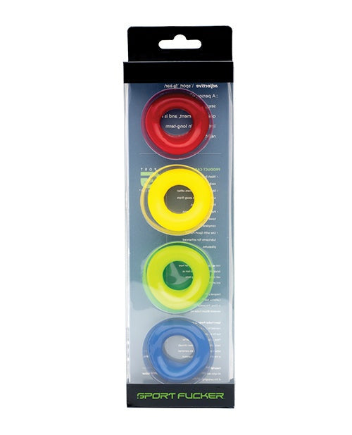Sport Fucker The Wedge Pack of 4 assorted colorful stretchy cock rings in red, yellow, neon green, and blue
