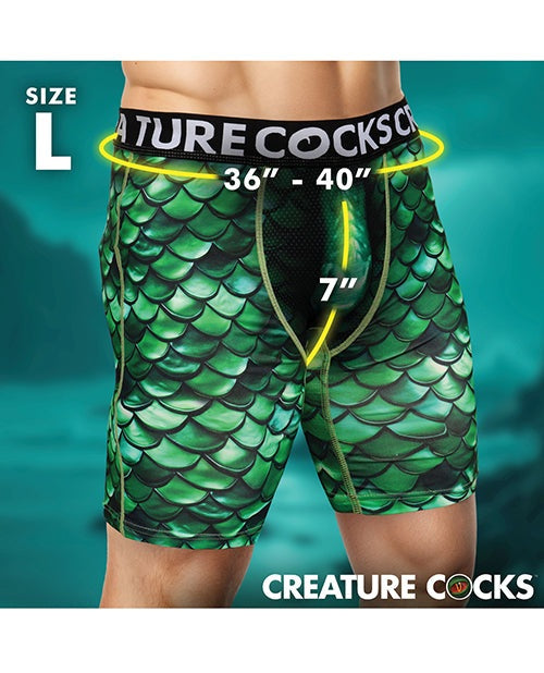 Creature Cocks monster-themed green scaly boxer shorts with breathable mesh pouch and stretchy waistband.