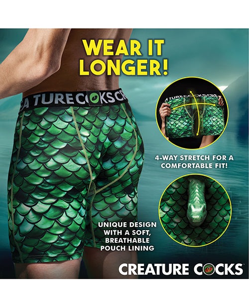 Creature Cocks monster-themed boxer shorts with green scale design and breathable pouch for comfort and stretch fit