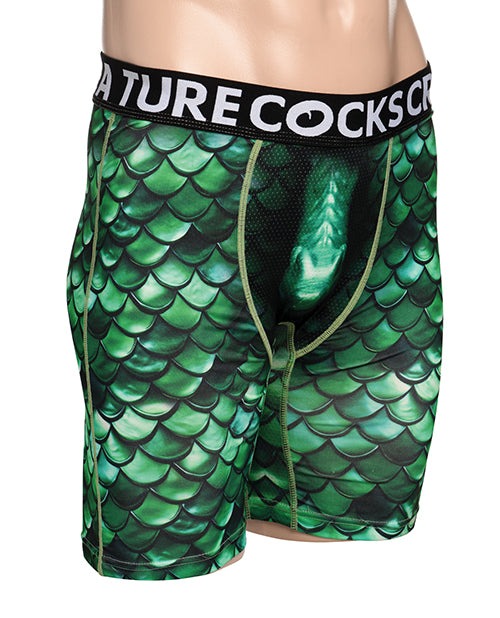 Creature Cocks green scaly monster-themed boxer shorts with mesh pouch and bold waistband