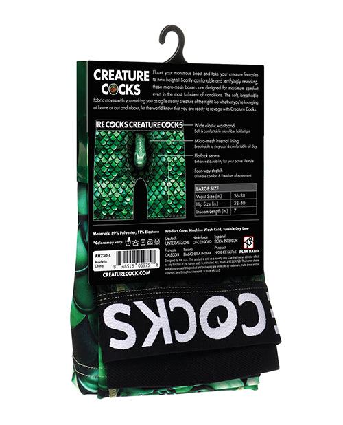 Creature Cocks monster-themed green scaly boxer shorts with breathable mesh pouch and supportive waistband