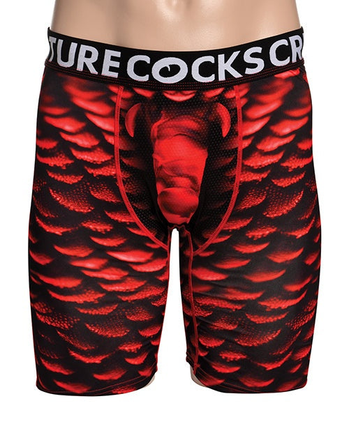 Creature Cocks monster-themed red and black scaly boxer shorts with breathable pouch and supportive waistband