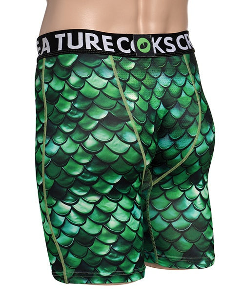 Creature Cocks green scaly monster-themed boxer shorts with breathable mesh pouch and microfiber waistband